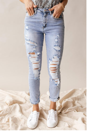 European And American Spring And Summer Leisure Fashion Holes High Waist Jeans For Women