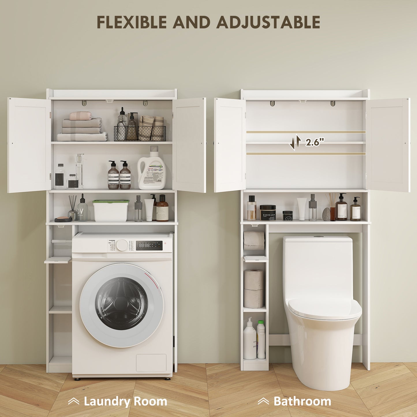 Modern Over The Toilet Storage Cabinet With 2 Doors, Above Commode Storage Cabinet With Toilet Paper Holder, White