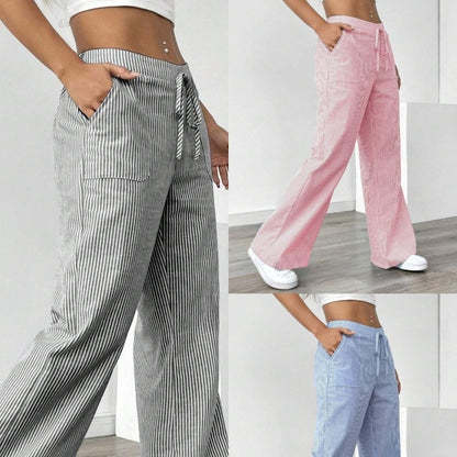 New Striped Trousers With Pockets Casual Versatile Loose Wide Leg Pants Women's Clothing