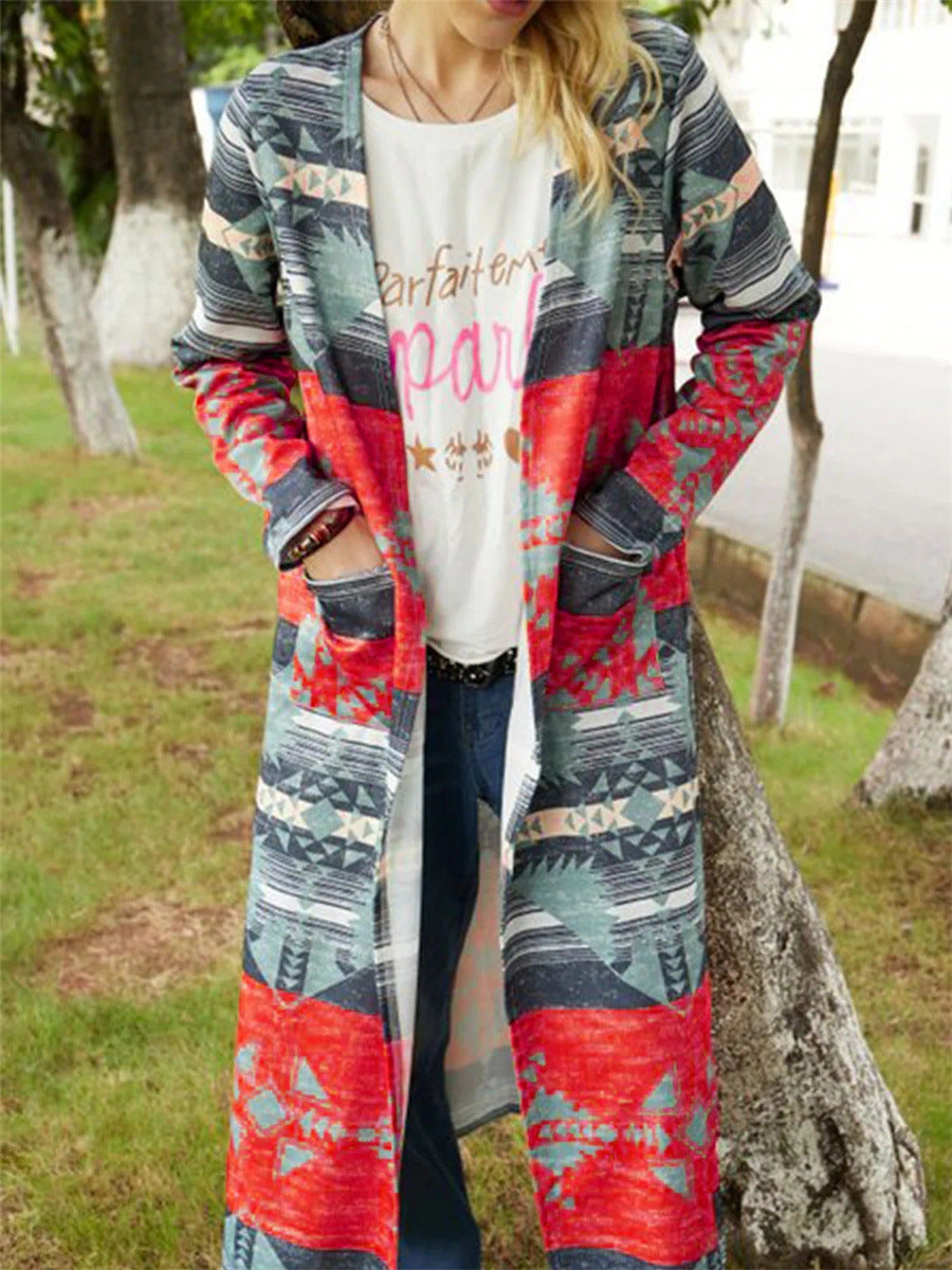 Geometric Print Cardigan Thickened Large Size Slim And Long Trench Coat