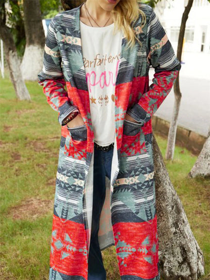 Geometric Print Cardigan Thickened Large Size Slim And Long Trench Coat