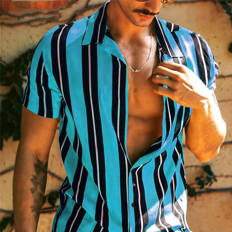 Printed Hawaiian Style Simple Striped Lapel Mens Shirt