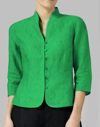 Slim Three-quarter Sleeve Button Jacket INS Fashion V-neck Stand Collar Outwear Tops Solid Color Clothing For Women