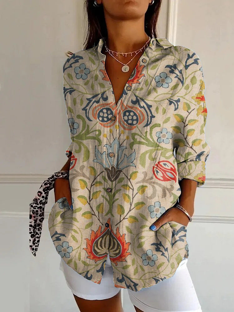 Flowers Print Long Sleeve Shirt Fashion Stand Collar Button Tops For Women Clothing