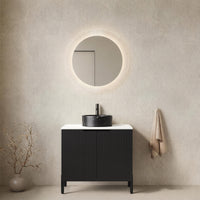 TURIO 24 Bathroom Vanity With Sink, Freestanding Bathroom Storage Cabinet With 2 Doors, Black Round Ceramic Basin With Stone Pattern & Carrara White Sintered Stone Countertop, No Faucet, Black Color