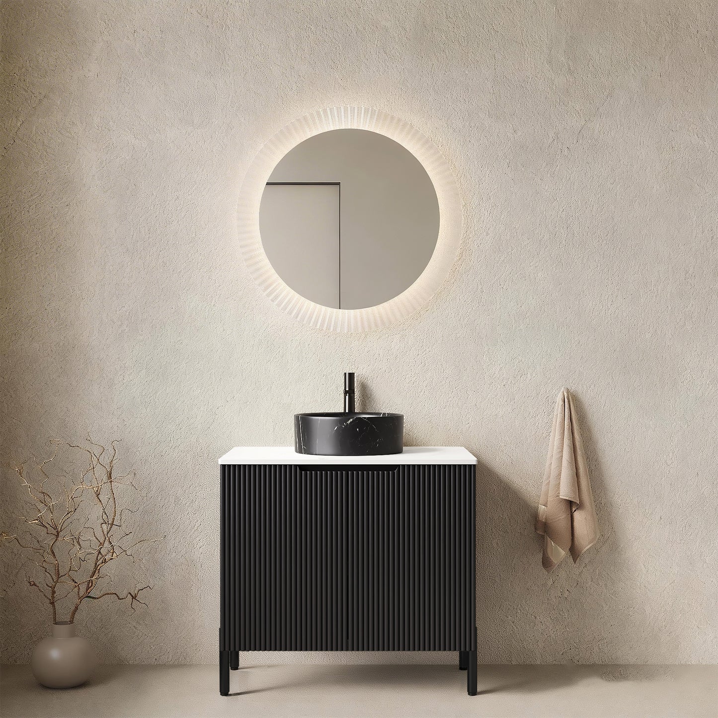 TURIO 24 Bathroom Vanity With Sink, Freestanding Bathroom Storage Cabinet With 2 Doors, Black Round Ceramic Basin With Stone Pattern & Carrara White Sintered Stone Countertop, No Faucet, Black Color