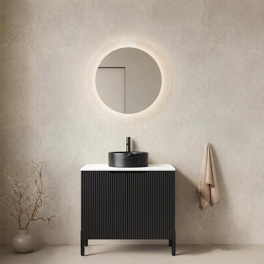 TURIO 24 Bathroom Vanity With Sink, Freestanding Bathroom Storage Cabinet With 2 Doors, Black Round Ceramic Basin With Stone Pattern & Carrara White Sintered Stone Countertop, No Faucet, Black Color