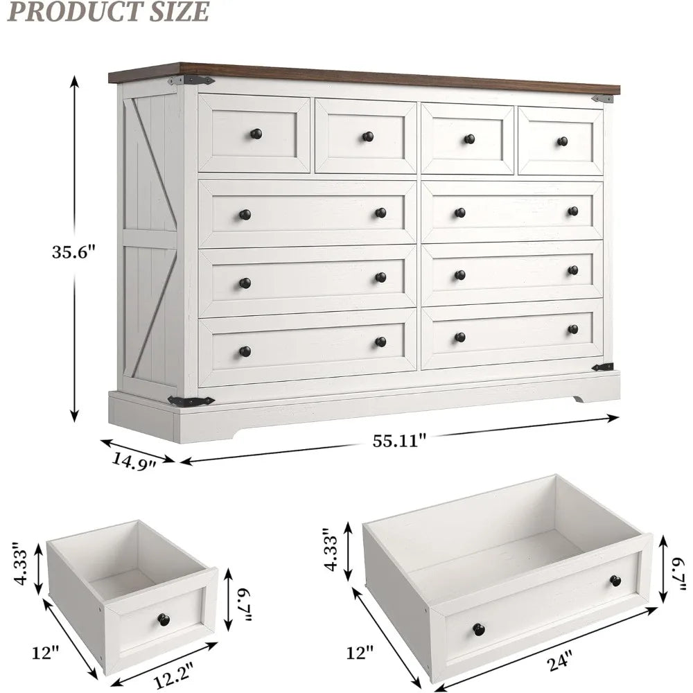 Dressser for Bedroom,Farmhouse Dressers and Chests of Drawers with Smooth Metal Rail,Large and Wide TV Stand Hallway