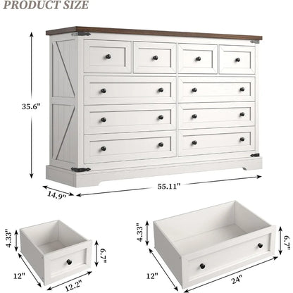 Dressser for Bedroom,Farmhouse Dressers and Chests of Drawers with Smooth Metal Rail,Large and Wide TV Stand Hallway
