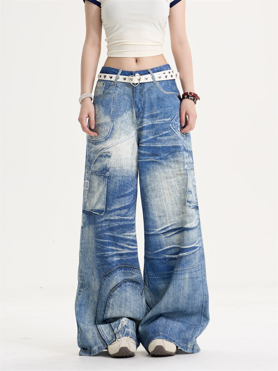 American Retro Sweet Cool Printed Wide-leg Jeans Women's Loose Slimming