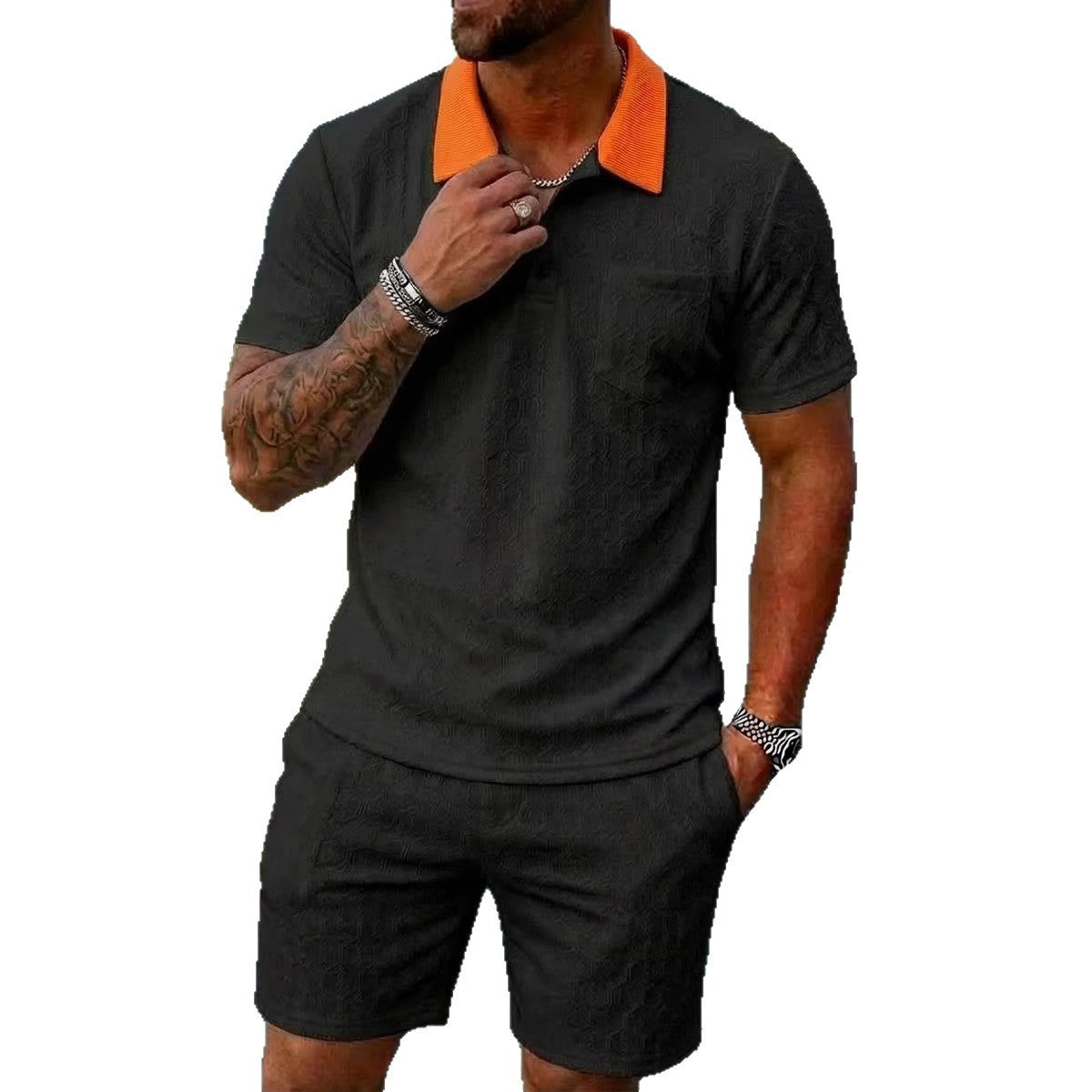 Mens Fashionable Breathable Color-Block Pocket Short-Sleeve Set
