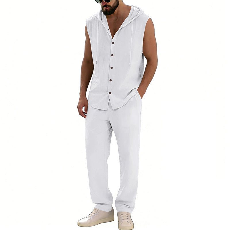 Loose-fitting Casual Hooded Sleeveless Shirt And Pants Set