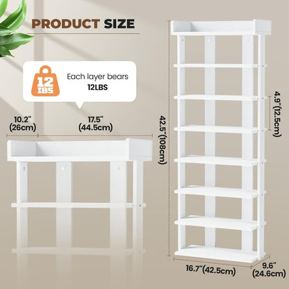 Tienily 7-Tier Narrow Shoe Rack, Wooden Shoe Shelf, Tall Slim Vertical Shoe Display Stand Holder For Entryway, Hallway, Home, Bedroom