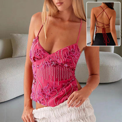 Y2K Dopamine-colored Bandeau Sling Tops Summer V-neck Flower Beaded Backless Vest For Women