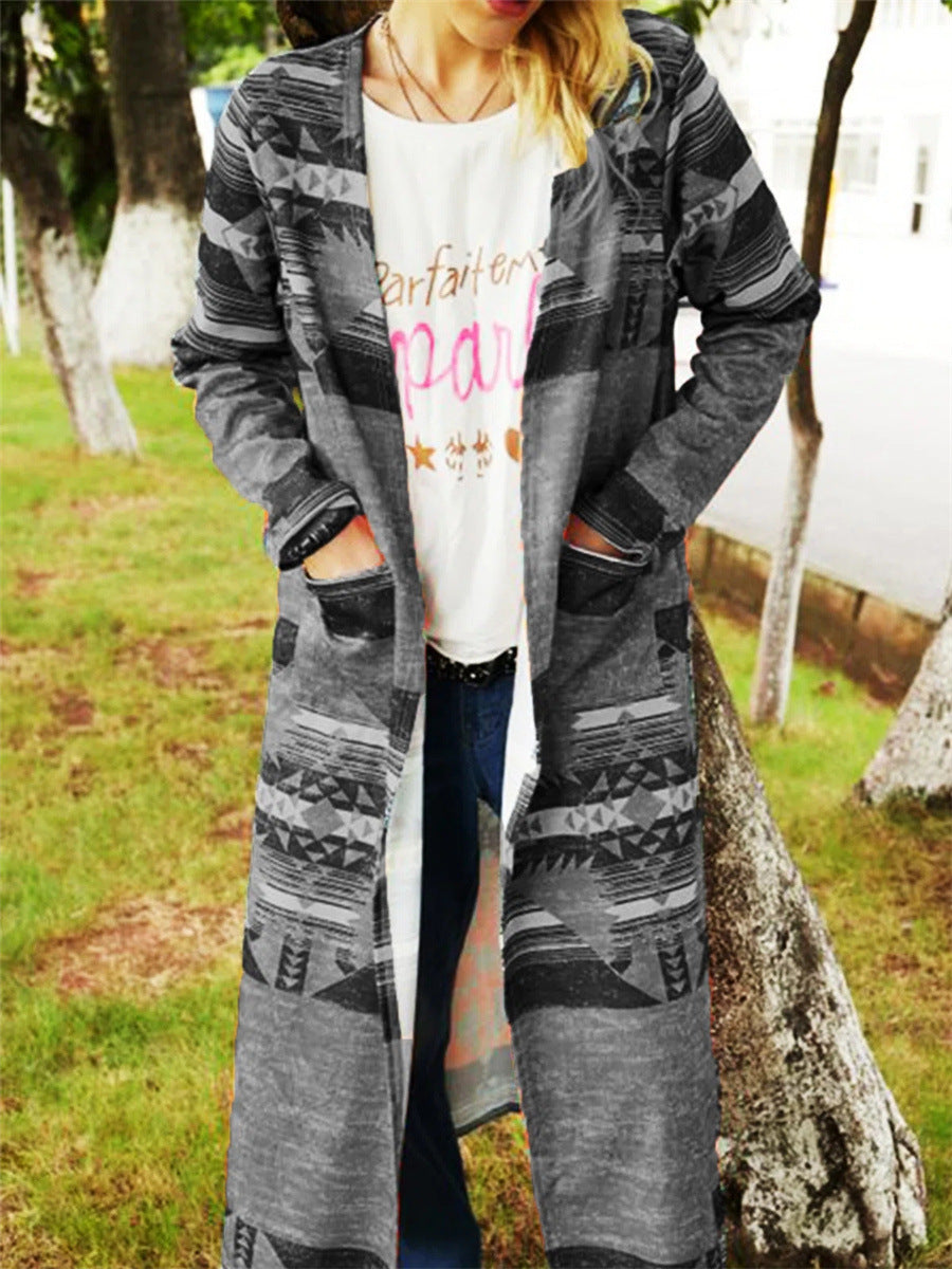 Geometric Print Cardigan Thickened Large Size Slim And Long Trench Coat