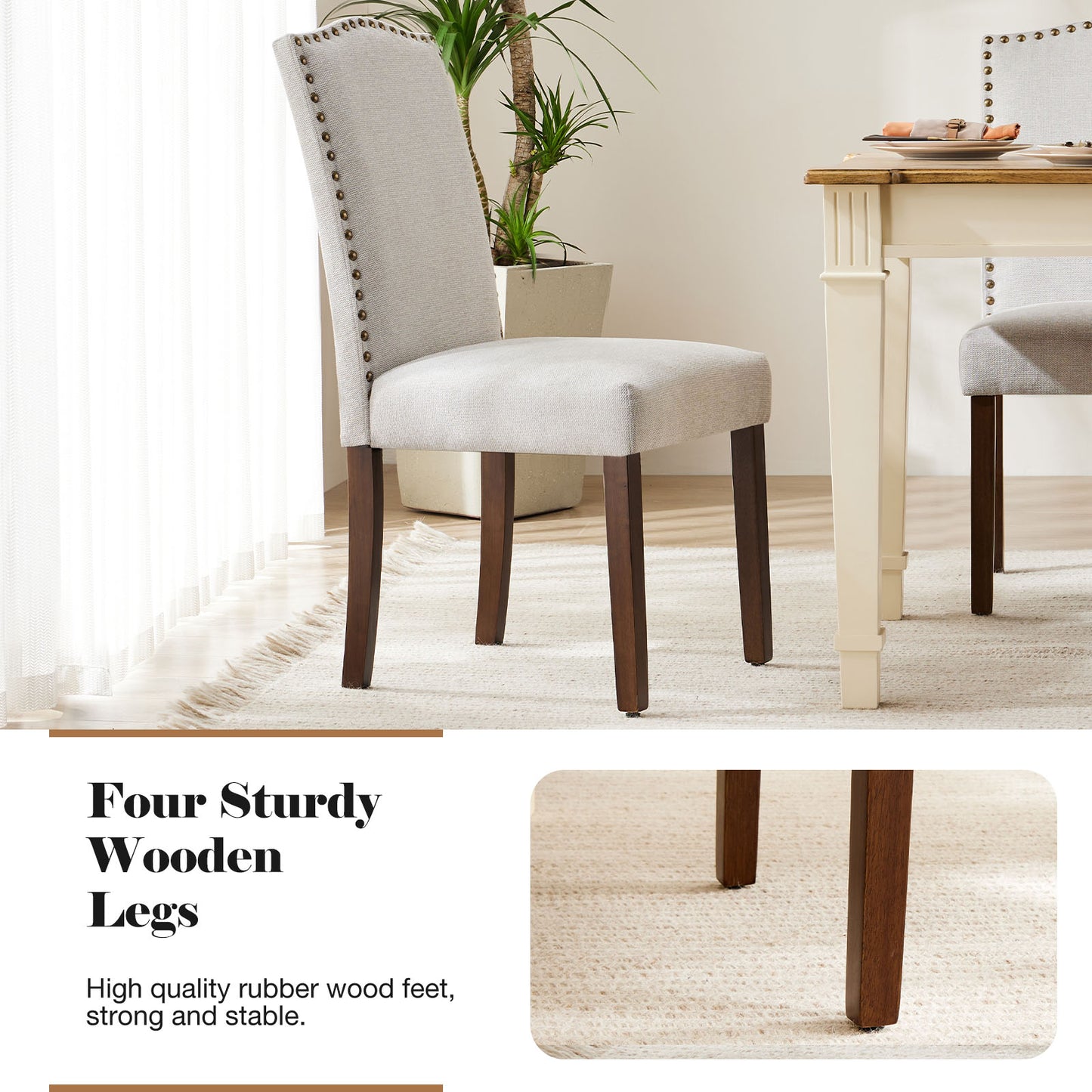 Modern Armless Dining Chairs With Upholstered Fabric,Nailhead Trim And Wood Legs