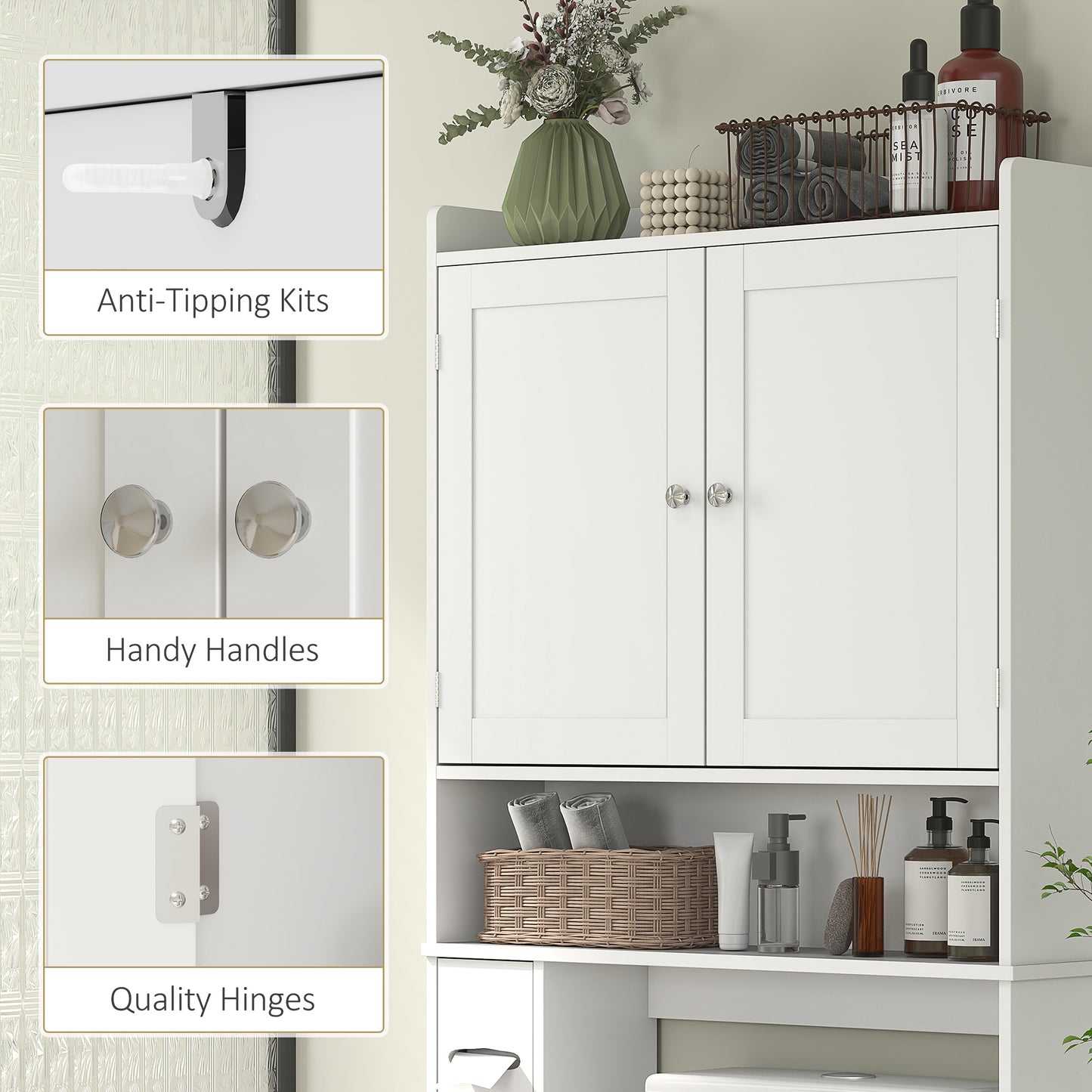 Modern Over The Toilet Storage Cabinet With 2 Doors, Above Commode Storage Cabinet With Toilet Paper Holder, White