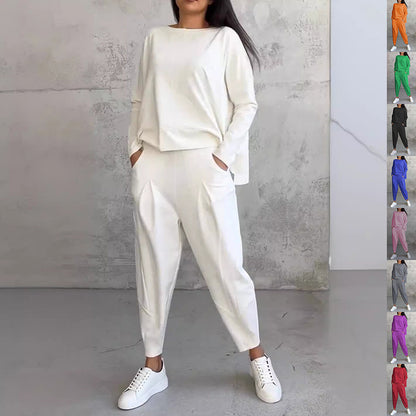 Women's Irregular Suit Long-sleeved Round Neck Top And Loose Harem Pants With Pockets Ins Fashion Trousers Set Women's Clothing