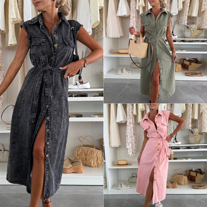 Women's Casual Sleeveless Lace-up Long Dresses Fashion Pockets Solid Party Office Elegant Lapel Single Breasted Denim Dress Summer