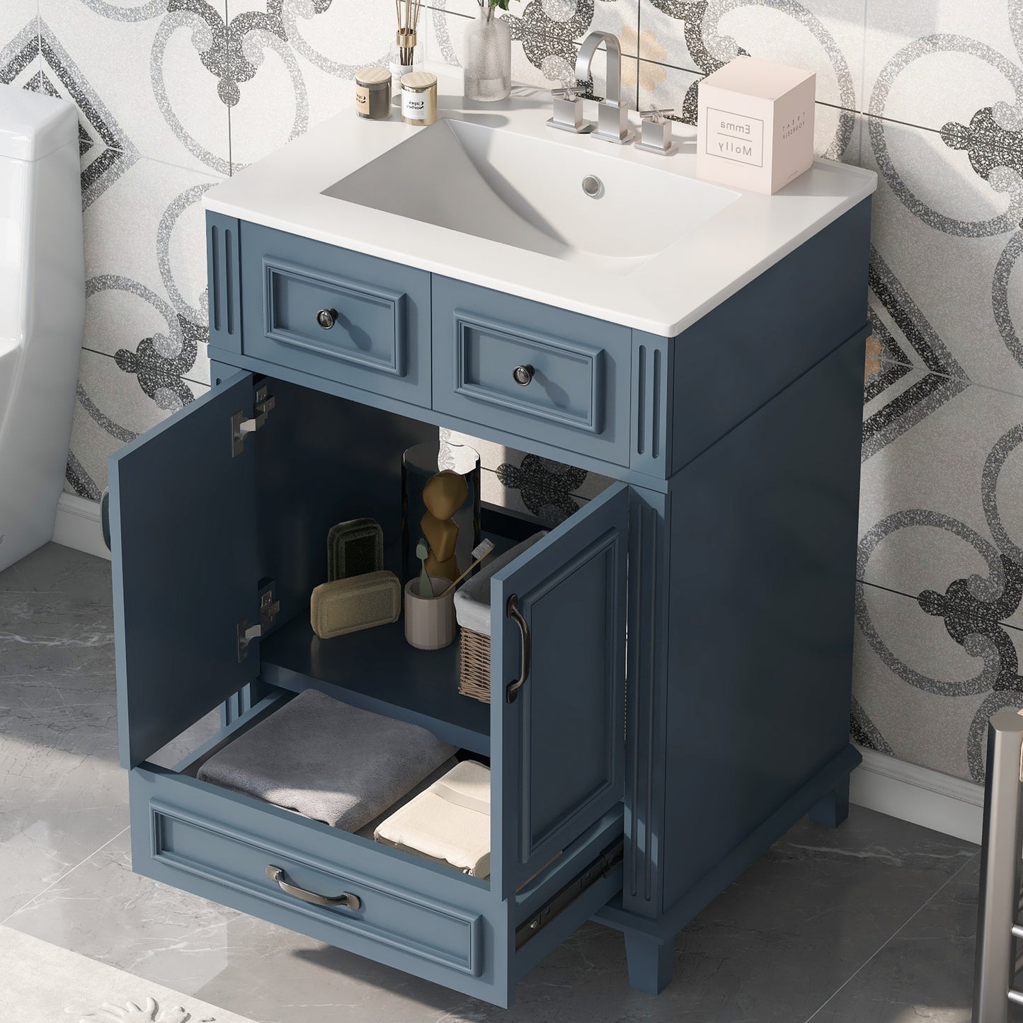 24'' Bathroom Vanity With Ceramic Sink,Solid Wood Frame Bathroom Storage Cabinet With Soft Closing Doors,Retro Style, Blue