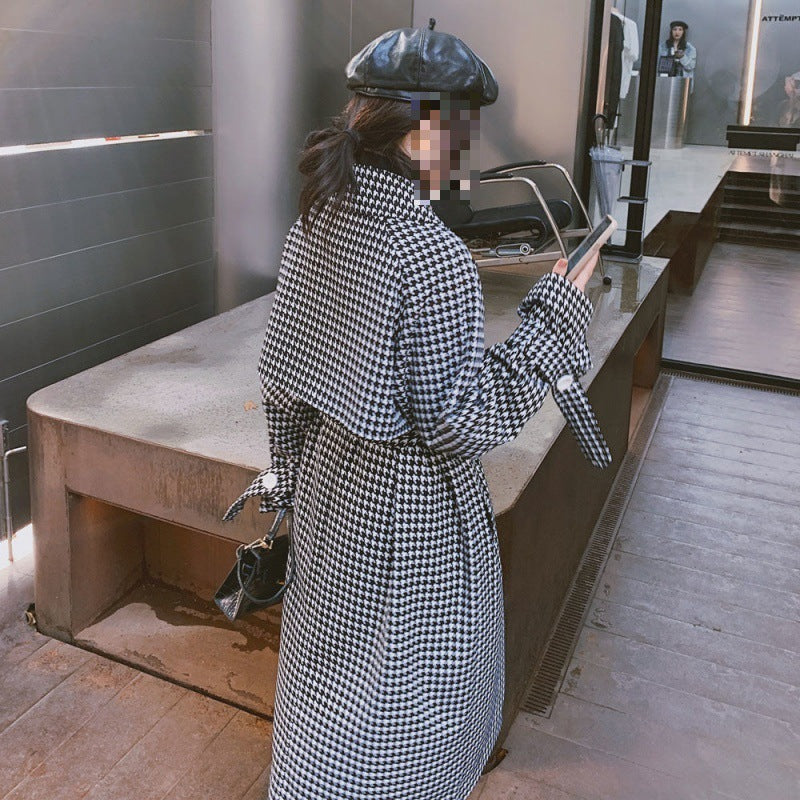 Black And White Houndstooth Trench Coat Women's Long Below The Knee Waist-controlled Lace-up Overcoat