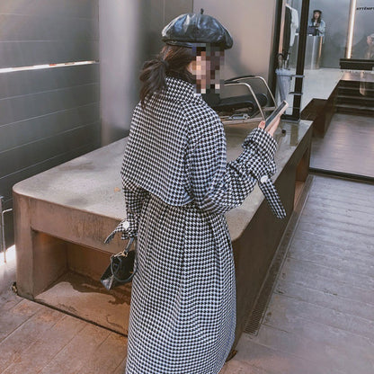 Black And White Houndstooth Trench Coat Women's Long Below The Knee Waist-controlled Lace-up Overcoat