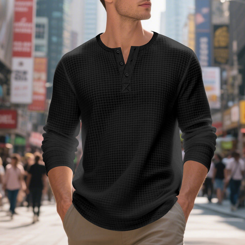 Men's Jacquard Small Plaid Button-Down Henry Long Sleeve