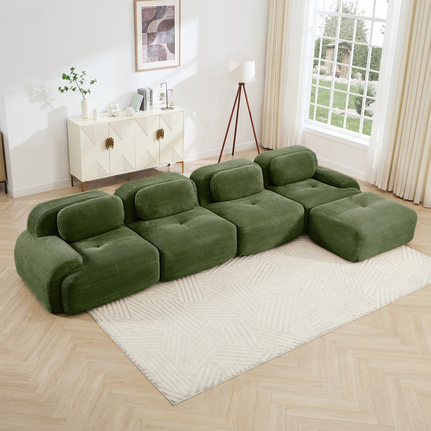 4-seat L-shaped Sofa 32D High-resilience Sponge Anti-slip Design Chaise Design Extra-wide Curved Armrests Multi-free Combination No Assembly For Studies Living Rooms Media Rooms,Olive Green