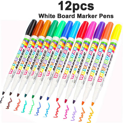 12 X Mixed Colour White Board Pens Bright Markers Fine Bullet Tip Easy Dry Wipe