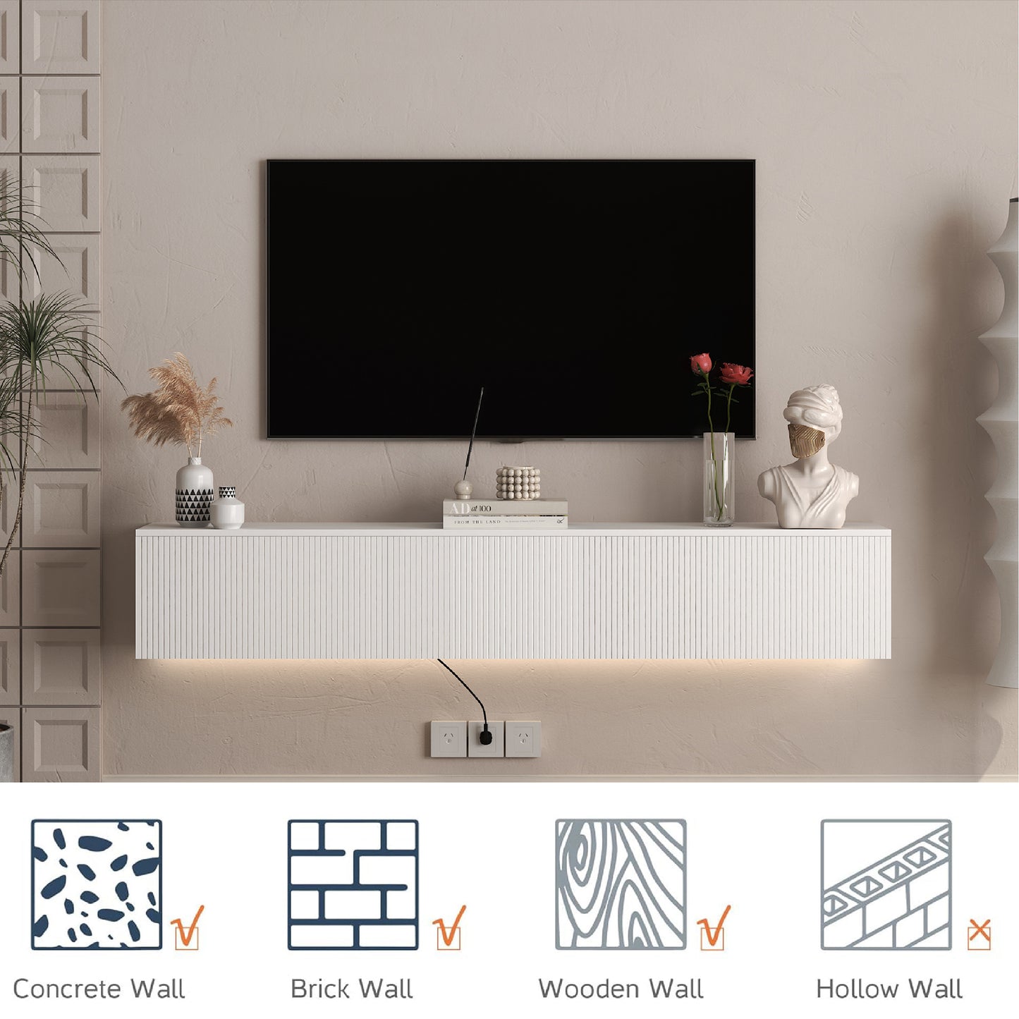 Floating TV Stand Wall Mounted With 16 Color LEDs, Modern TV Stand, Floating TV Cabinet Entertainment Center For 55 60 65 Inch TV