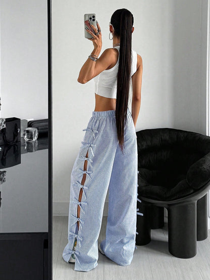 Waist Side Tie Bow Striped Wide Leg Pants