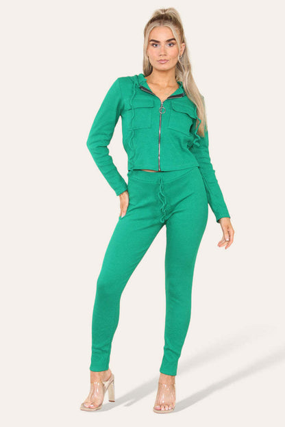 Front Pocket Zip Suit Ribbed Hooded Lounge Wear Set