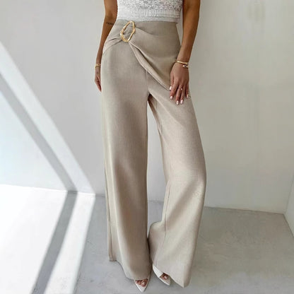 High Waist Beige Metal Buckle Wide Leg Pants