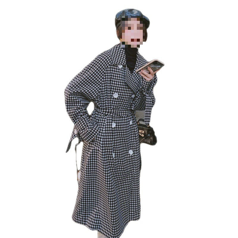 Black And White Houndstooth Trench Coat Women's Long Below The Knee Waist-controlled Lace-up Overcoat