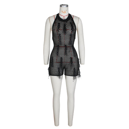 Halter Knitted Hollow-out Jumpsuit Handmade Tassel