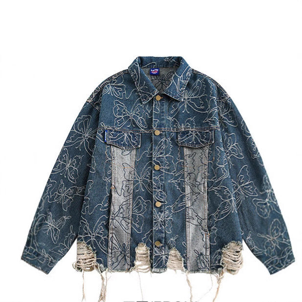 Japanese-style Vintage Washed Frayed-edge Distressed Denim Jacket