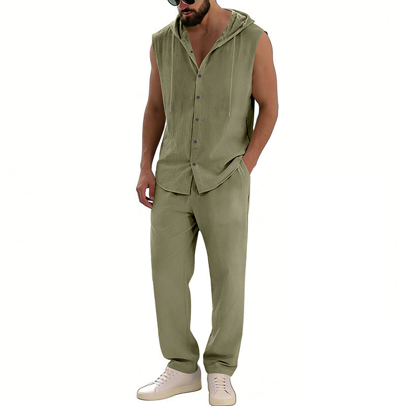 Loose-fitting Casual Hooded Sleeveless Shirt And Pants Set