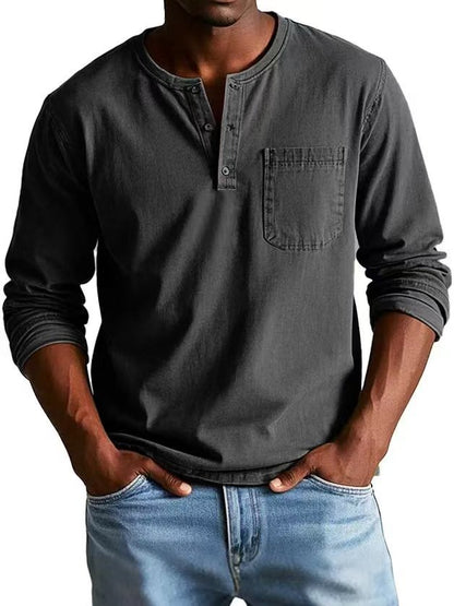 V-neck Long-sleeved T-shirt With Button Design Fashion Casual Solid Color Pullover Top Men's Clothing