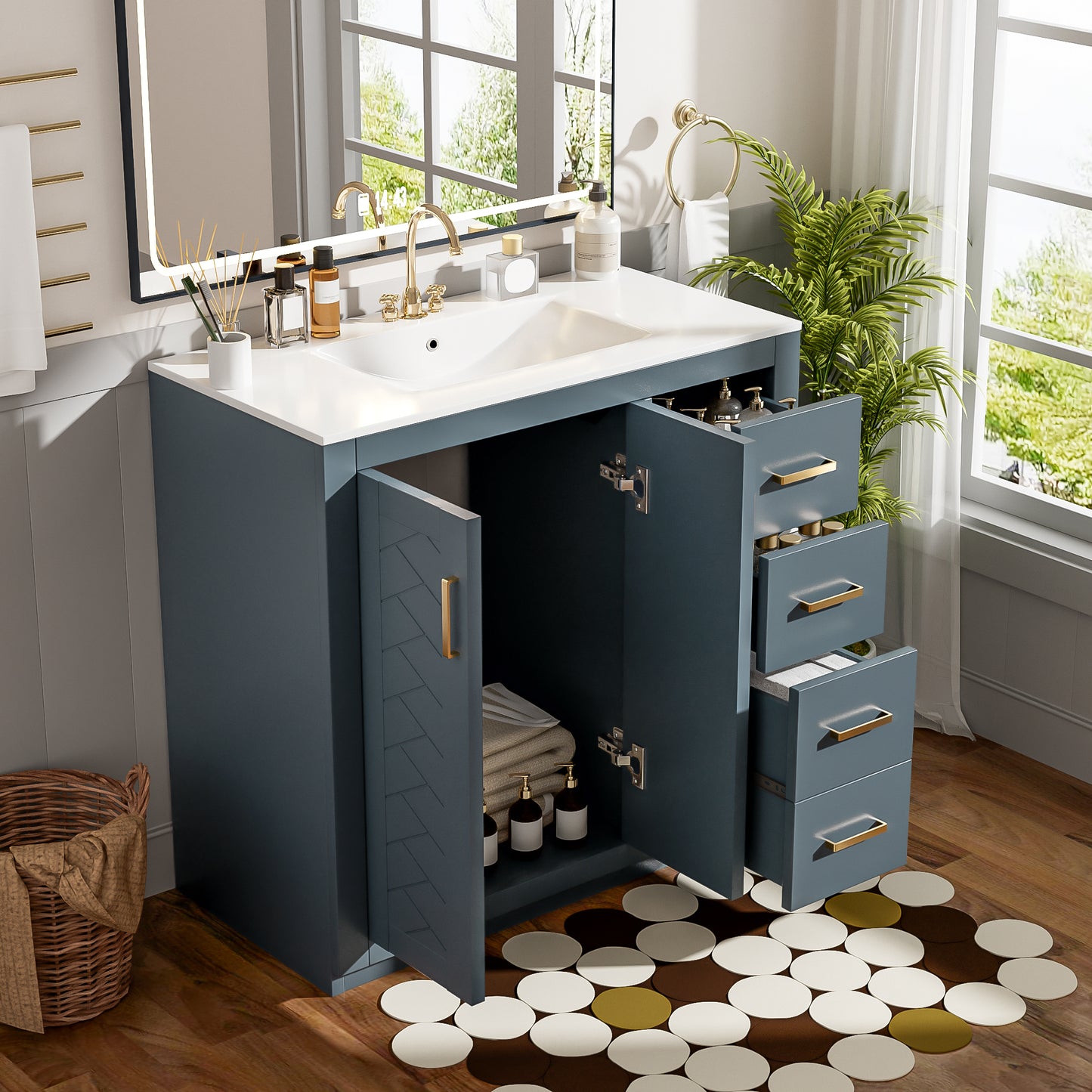 36'' Bathroom Vanity With Ceramic Sink Combo, Solid Wood Frame Bathroom Storage Cabinet, Freestanding Vanity Set With 3 Drawers& Soft Closing Doors