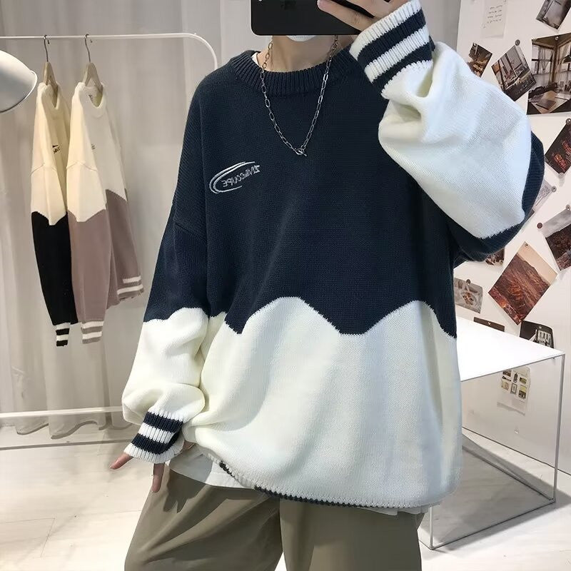 Color Blocked Autumnwinter Crewneck Sweater For Men