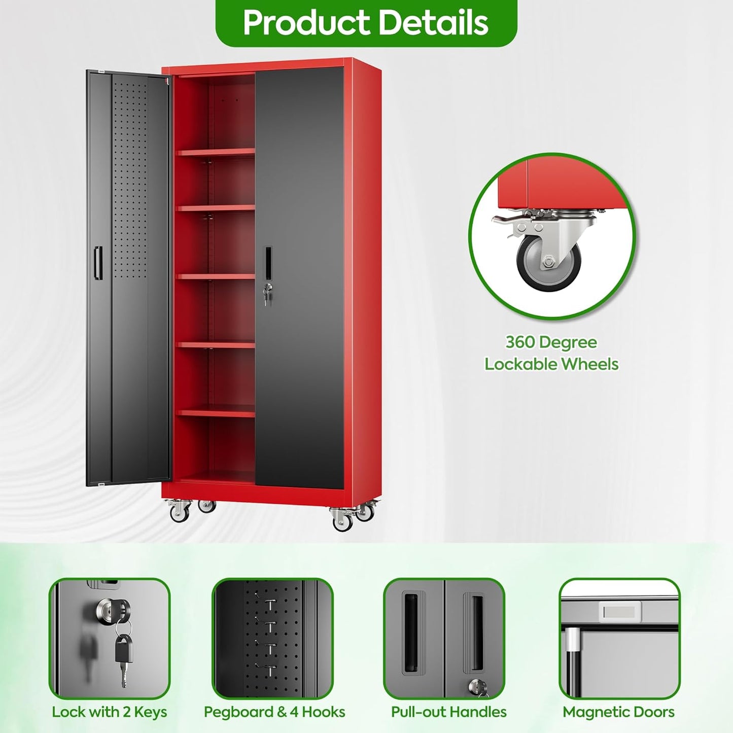 Garage Storage Cabinet With Pegboard And 5 Adjustable Shelves, Metal Lockable Cabinet With Magnetic Doors,Tool Storage,Home Office Garage,Gym,School Black-red