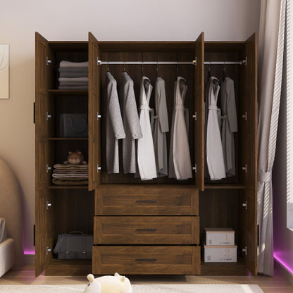 Tall Bedroom Armoire, 6 Door Armoire Wardrobe Closet With Big 3 Drawers, Wooden Freestanding Bathroom Armoire Cabinet With Shelves And Hanging Rod, Clothes Storage Organizer For Bedroom, Guest Room