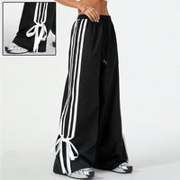 High Waist Wide Leg Pants Women's Spring Summer New Style Three Bars Drawstring Cuffed Straight Casual Extended Sports Trousers