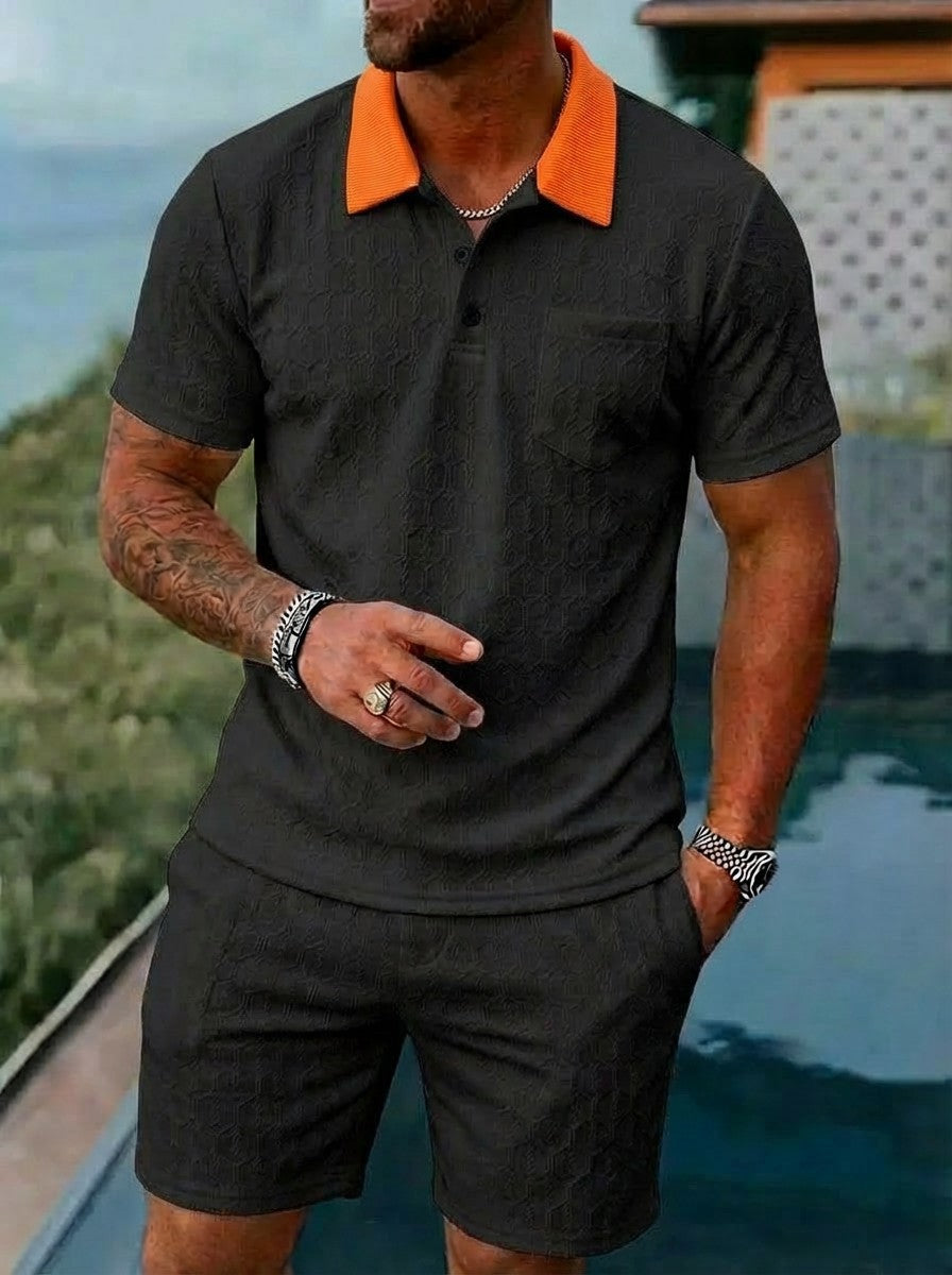 Mens Fashionable Breathable Color-Block Pocket Short-Sleeve Set
