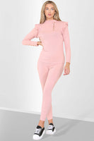 Side Buttons Frill Shoulder Side Neck Gold Button Detail Two Piece Loungewear Set
