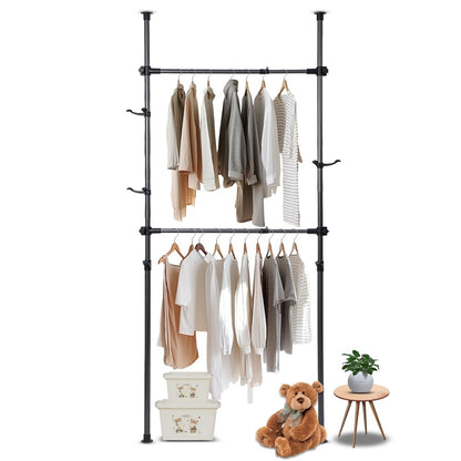 Floor To Ceiling Adjustble Garment Rack, Heavy Duty 2-Tier Clothes Rack