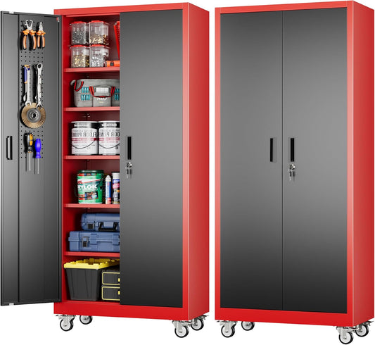 Garage Storage Cabinet With Pegboard And 5 Adjustable Shelves, Metal Lockable Cabinet With Magnetic Doors,Tool Storage,Home Office Garage,Gym,School Black-red