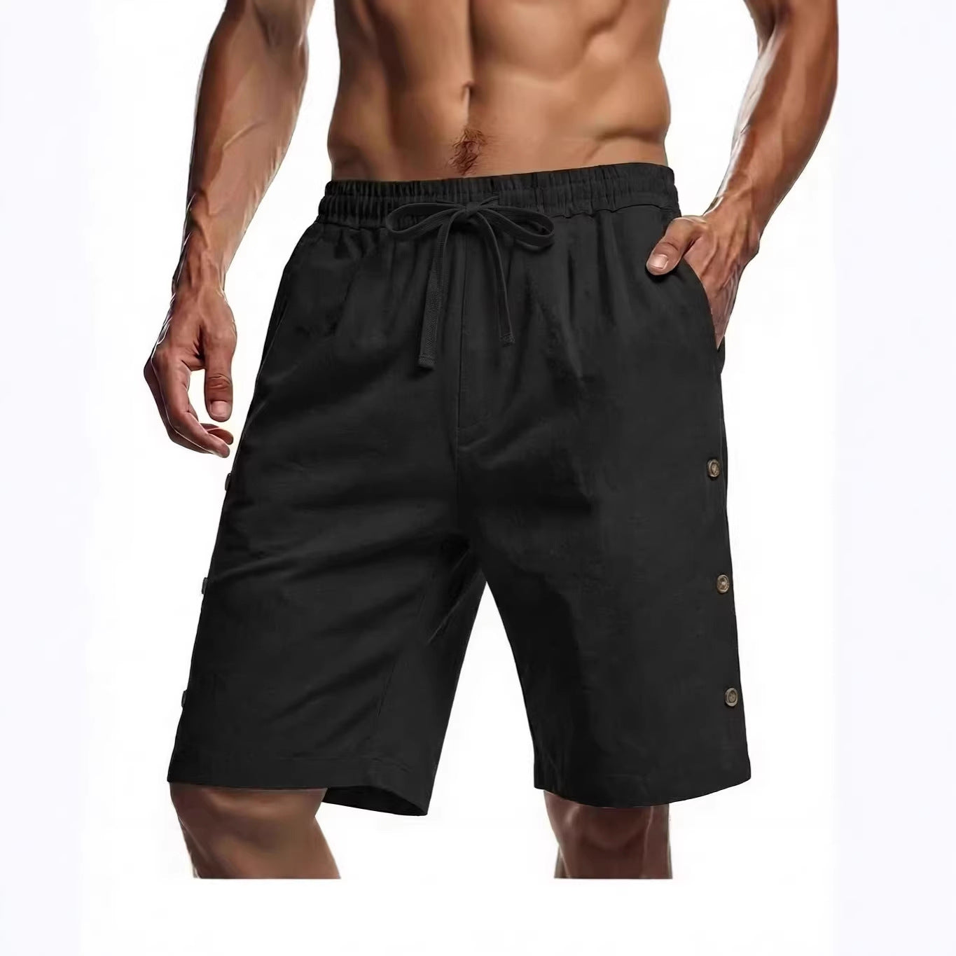 Solid-color Mens Loose-fit American-style Cotton-linen Beach Casual Shorts With Buttons