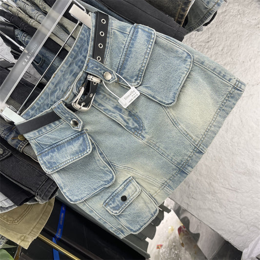 Retro Anti-exposure Workwear Multi-pocket Hip Skirt