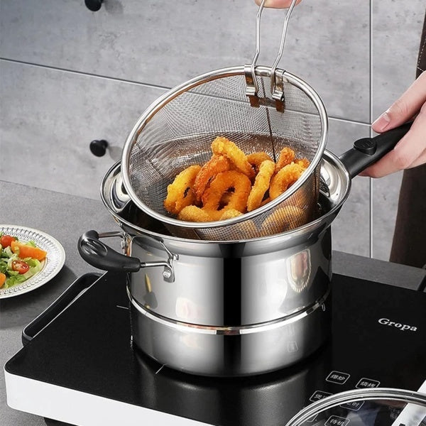 4pcs Non Stick Chip Pan Deep Fat Fryer Cooking Noodle Soup Pot Frying Basket Lid